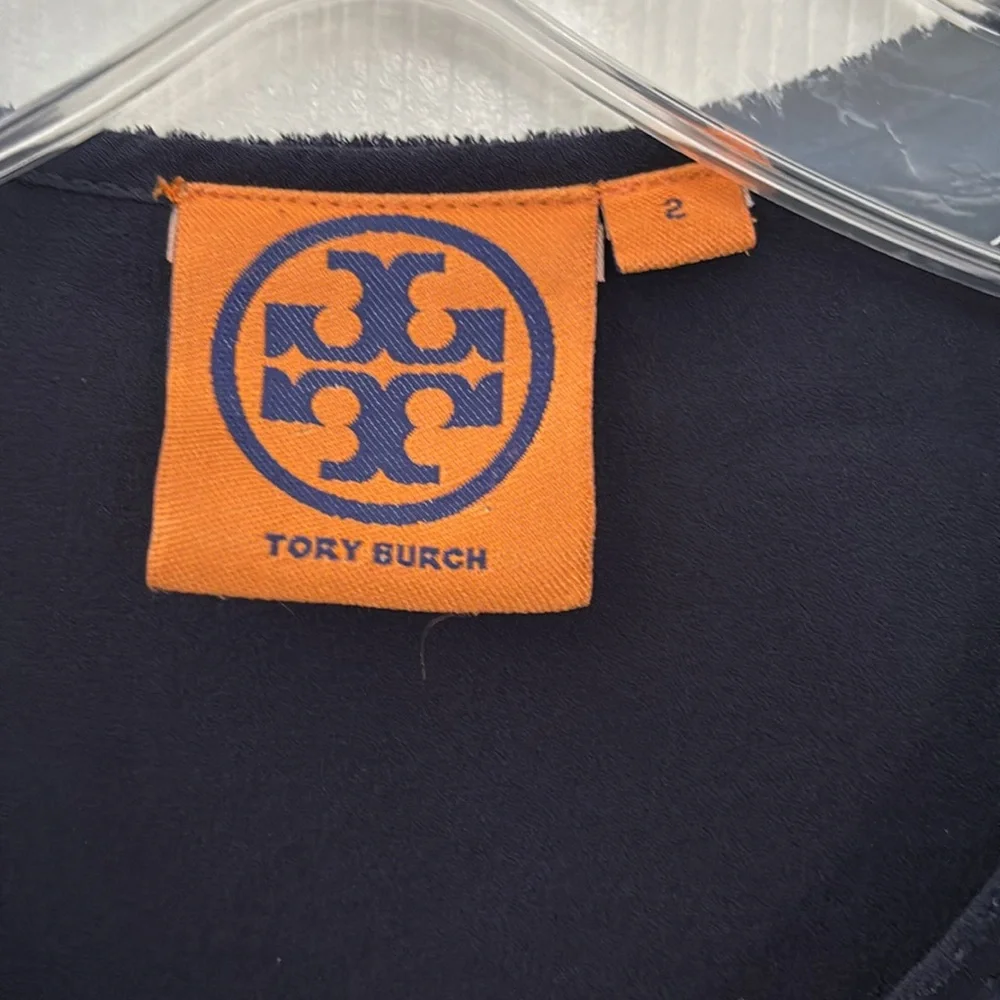 Tory Burch 100% Silk Dark Blue Button Up Blouse Shirt Top